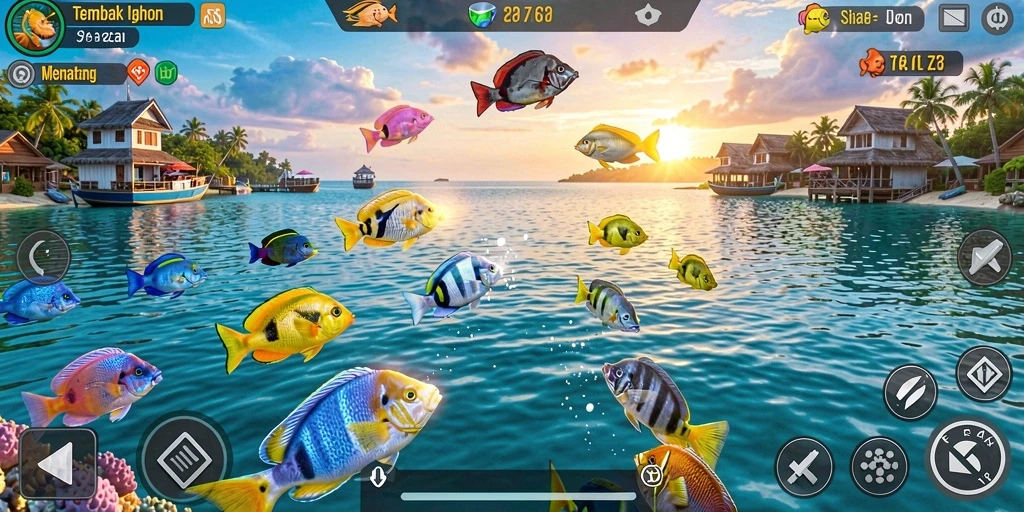Tampilan gameplay seru dalam 8ZK saat menembak ikan di lautan.