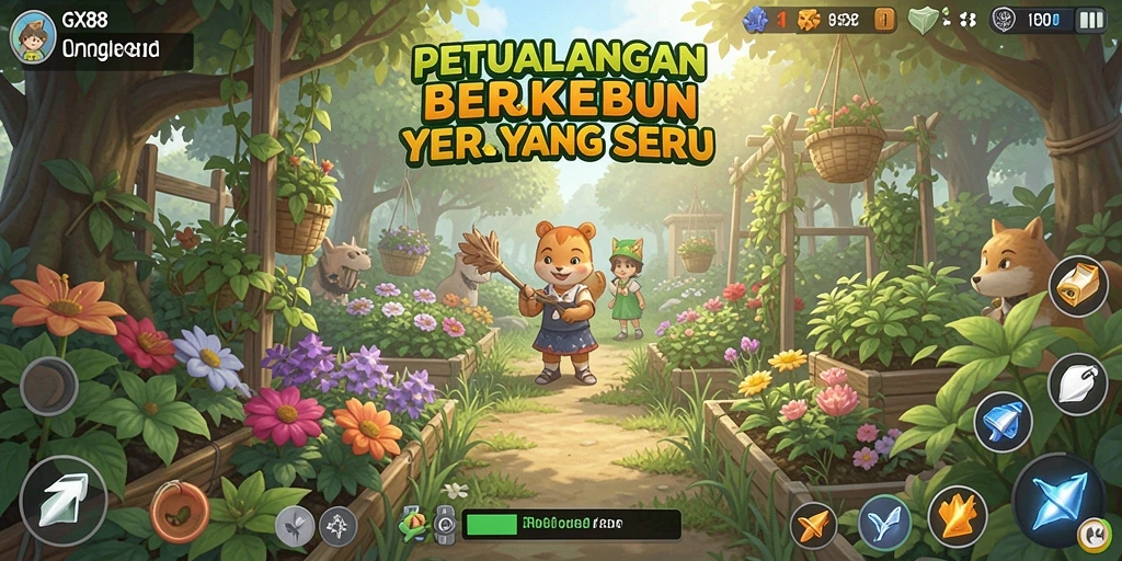 Tampilan gameplay seru dari GX88 yang menunjukkan kebun yang subur.