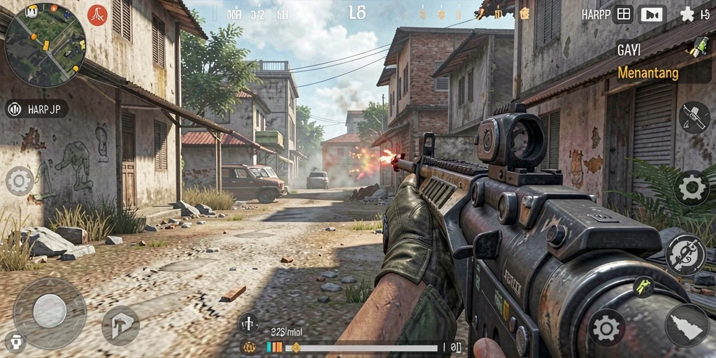 Screenshot utama HARAPJP menampilkan pertempuran FPS yang seru.