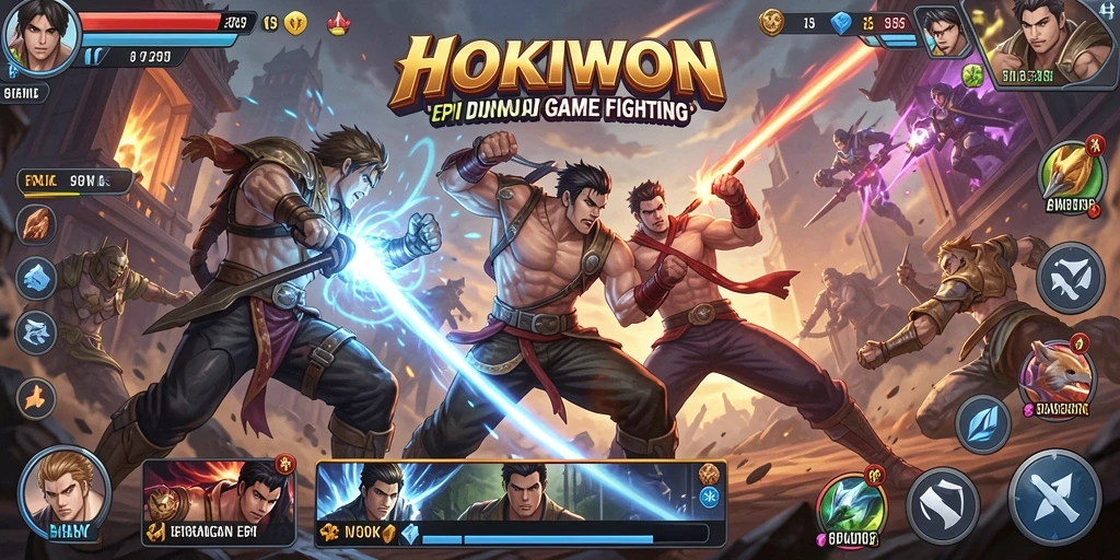 Screenshot gameplay HOKIWON dengan pertarungan seru antar karakter.