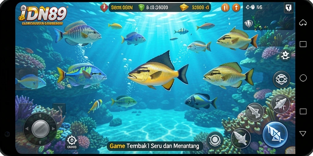 Tampilan gameplay menarik dalam IDN89, dengan aksi menangkap ikan.