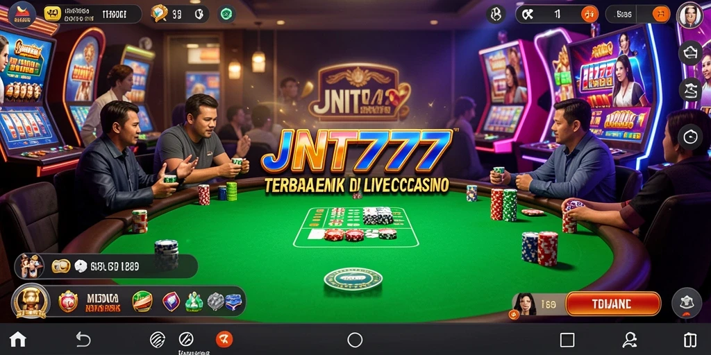 Screenshot utama JNT777 menampilkan dealer langsung yang sedang memandu permainan Live Casino.