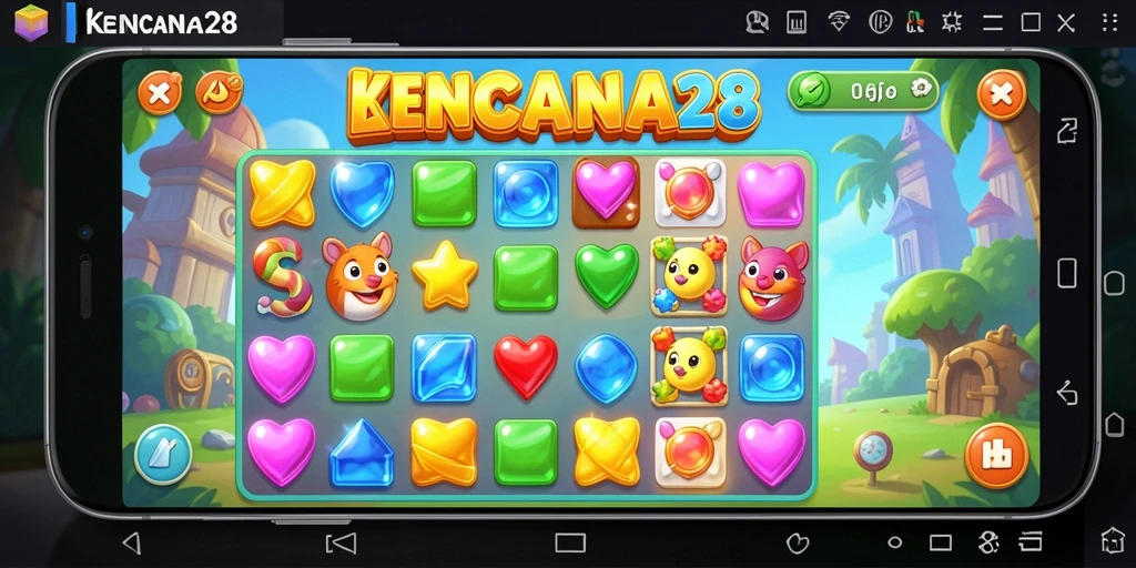 Tangkapan layar KENCANA28 menampilkan gameplay Match-3 yang dinamis dan penuh warna.