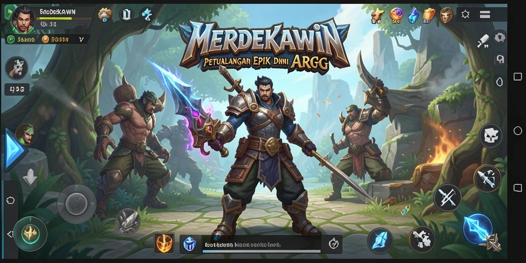 Screenshot gameplay MERDEKAWIN yang menunjukkan pertempuran seru di dunia fantasi.