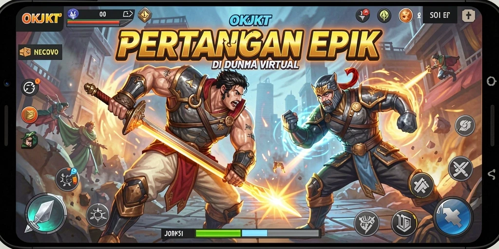 Tampilan gameplay OKJKT dengan pertarungan yang intens dan karakter yang menawan.
