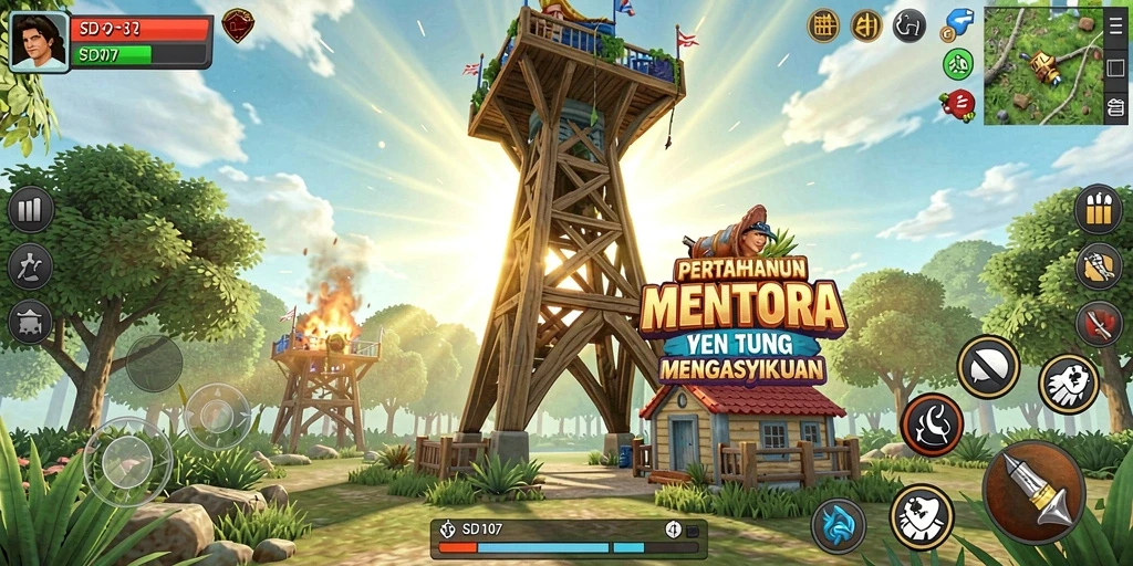 Tampilan gameplay menara pertahanan yang intens dan strategis di SD107.