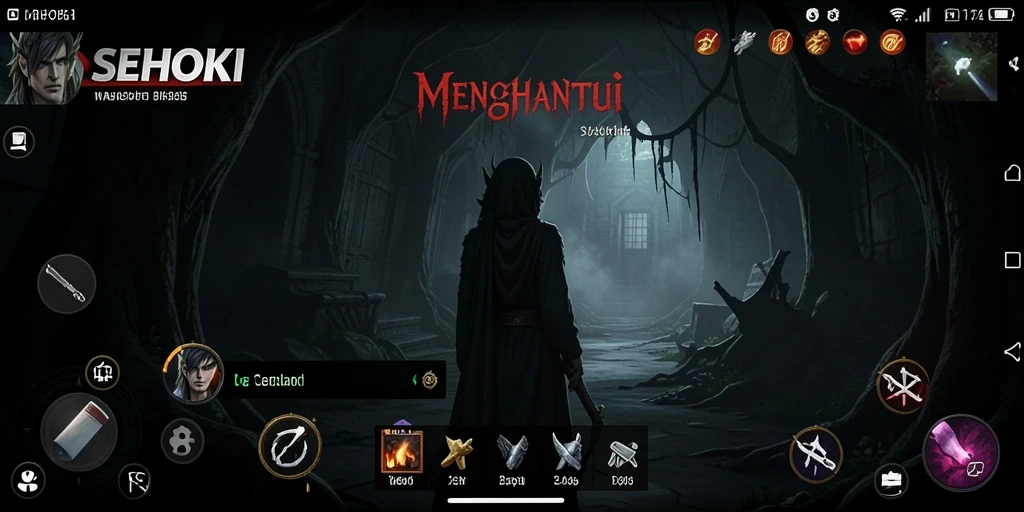 Screenshot permainan SEHOKI menunjukkan suasana horor yang mencekam.
