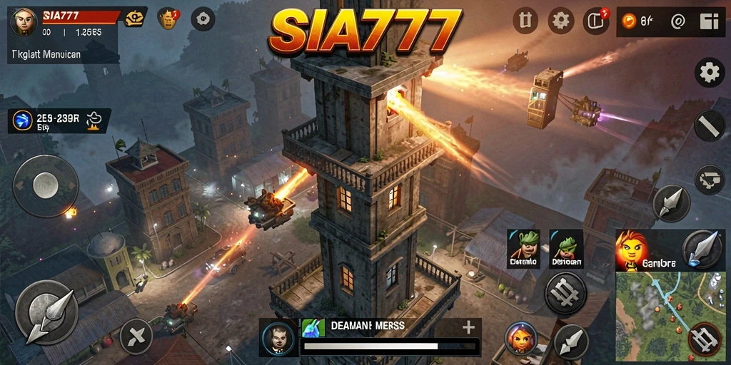 Tangkapan layar gameplay SIA777 yang menunjukkan pertahanan menara yang spektakuler.