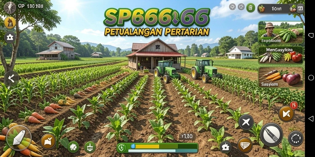 Screenshot gameplay SP666 menunjukkan aktivitas pertanian yang seru.