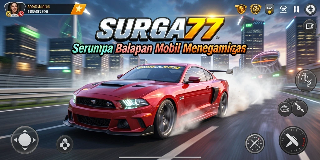 Screenshot gameplay SURGA77 yang menampilkan mobil balap beraksi di lintasan.